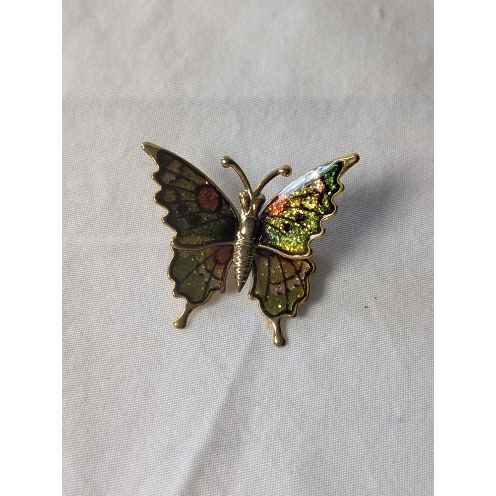Vintage‎ Gold Tone Glitter Enamel Butterfly Brooch Pin Green Orange Whimsical